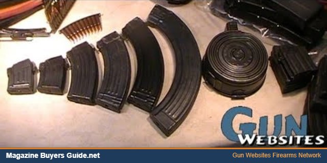 AK magazines from 10 rounds to a 75 round drum lined up by capacity