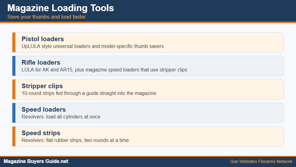 Chart of magazine loading tools for pistols, rifles and revolvers
